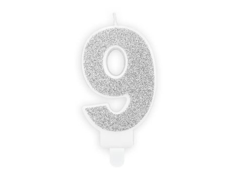 Świeczka urodzinowa Cyferka 9, srebrny Partydeco Świeczka urodzinowa Cyferka 9, srebrny Partydeco