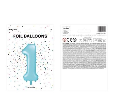 Balon foliowy Cyfra 1, 86cm, jasny niebieski Partydeco Balon foliowy Cyfra 1, 86cm, jasny niebieski Partydeco