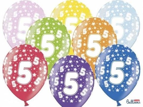 Balony lateksowe z nadrukiem '5' na urodziny, Metaliczne Mix, 30cm, 6 szt. Partydeco Balony lateksowe z nadrukiem '5' na urodziny, Metaliczne Mix, 30cm, 6 szt. Partydeco