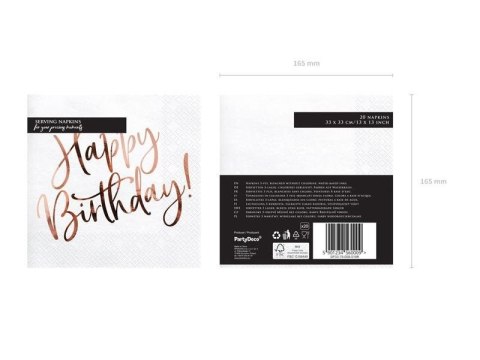 Serwetki urodzinowe, Happy Birthday, białe z napisem Rose Gold, 33 x 33 cm Partydeco Serwetki urodzinowe, Happy Birthday, białe z napisem Rose Gold, 33 x 33 cm Partydeco