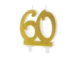 Świeczka urodzinowa '60', sześćdziesiątka, złota, 7.5 cm Partydeco