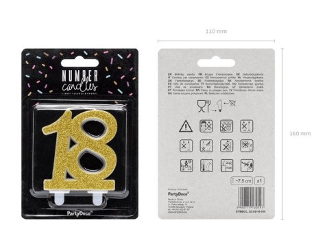 Świeczka urodzinowa liczba 18 urodziny, złota, 7.5cm Partydeco Świeczka urodzinowa liczba 18 urodziny, złota, 7.5cm Partydeco