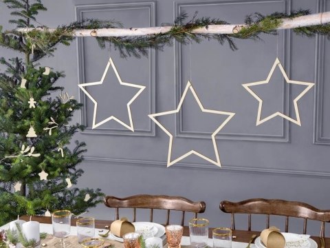 Zawieszki dekoracyjne Gwiazdy, naturalne drewno, 3 szt. Partydeco Zawieszki dekoracyjne Gwiazdy, naturalne drewno, 3 szt. Partydeco