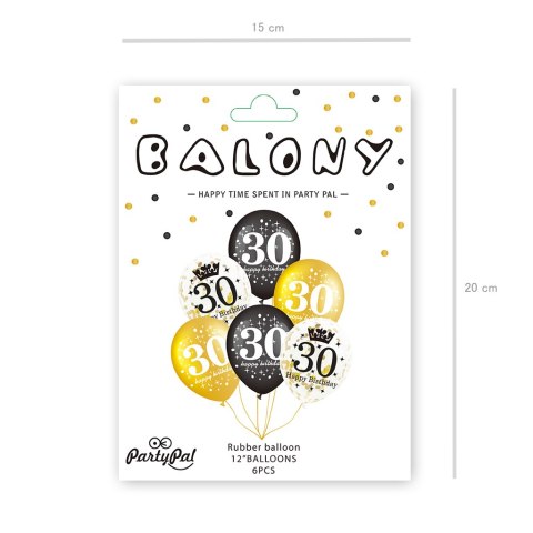 Zestaw balonów na 30 urodziny, czarno - złoty, konfetti, 6szt. PartyPal Zestaw balonów na 30 urodziny, czarno - złoty, konfetti, 6szt. PartyPal