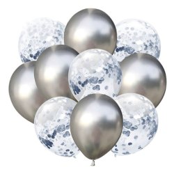 Zestaw balonów srebrne chrom z konfetti, 30cm, 10 sztuk PartyPal