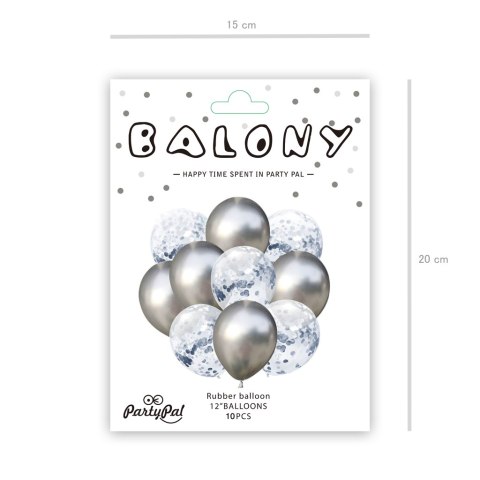 Zestaw balonów srebrne chrom z konfetti, 30cm, 10 sztuk PartyPal Zestaw balonów srebrne chrom z konfetti, 30cm, 10 sztuk PartyPal