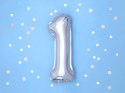 Balon foliowy Cyfra 1, 35cm, srebrny Partydeco