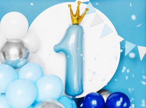Balon foliowy Cyfra 1 z koroną, błękit, 90cm Partydeco Balon foliowy Cyfra 1 z koroną, błękit, 90cm Partydeco