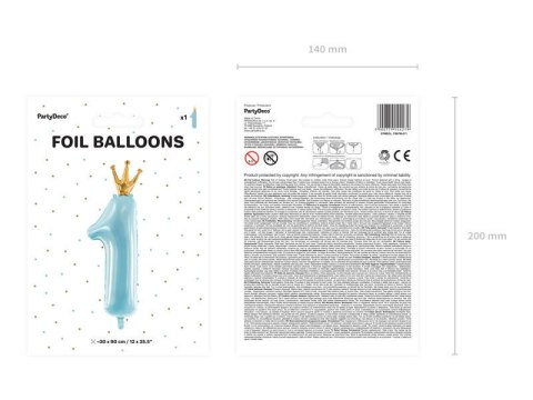 Balon foliowy Cyfra 1 z koroną, błękit, 90cm Partydeco Balon foliowy Cyfra 1 z koroną, błękit, 90cm Partydeco