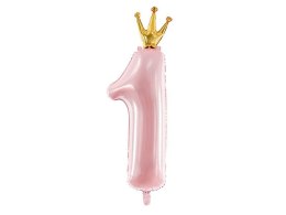 Balon foliowy Cyfra 1 z koroną, jasny różowy, 90cm Partydeco