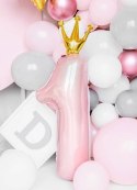 Balon foliowy Cyfra 1 z koroną, jasny różowy, 90cm Partydeco