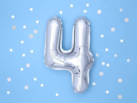 Balon foliowy Cyfra 4, 35cm, srebrny Partydeco Balon foliowy Cyfra 4, 35cm, srebrny Partydeco