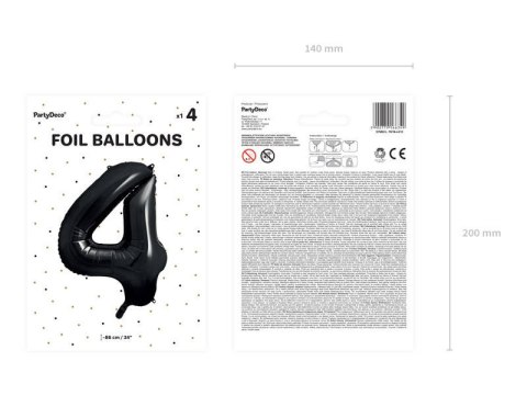 Balon foliowy Cyfra 4 czarna, 86cm Partydeco Balon foliowy Cyfra 4 czarna, 86cm Partydeco