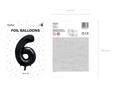 Balon foliowy Cyfra 6 czarna, 86cm Partydeco Balon foliowy Cyfra 6 czarna, 86cm Partydeco