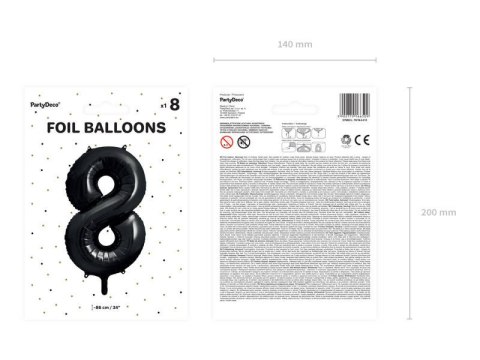 Balon foliowy Cyfra 8 czarna, 86cm Partydeco Balon foliowy Cyfra 8 czarna, 86cm Partydeco