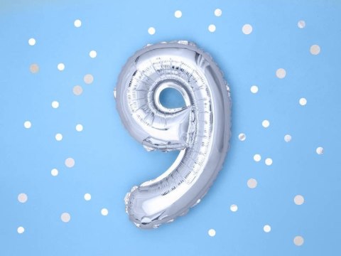 Balon foliowy Cyfra 9, 35cm, srebrny Partydeco Balon foliowy Cyfra 9, 35cm, srebrny Partydeco