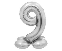 Balon foliowy, stojąca cyfra 9, srebrna, 72 cm Godan