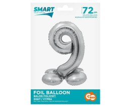 Balon foliowy, stojąca cyfra 9, srebrna, 72 cm Godan