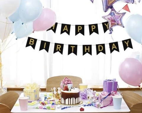 Girlanda urodzinowa Happy Birthday, czarna, złoty napis, 16cm VivaParty Girlanda urodzinowa Happy Birthday, czarna, złoty napis, 16cm VivaParty