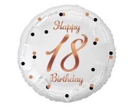 Balon foliowy Happy 18 Birthday, biały, nadruk różowo-złoty, 18' Godan