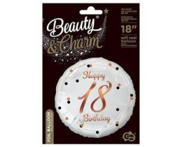 Balon foliowy Happy 18 Birthday, biały, nadruk różowo-złoty, 18' Godan