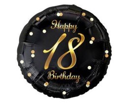 Balon foliowy Happy 18 Birthday, czarny nadruk złoty, 18' Godan