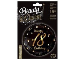 Balon foliowy Happy 18 Birthday, czarny nadruk złoty, 18' Godan