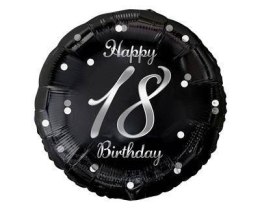 Balon foliowy Happy 18 Birthday, czarny srebrny nadruk, 46 cm Godan