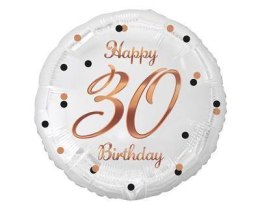 Balon foliowy Happy 30 Birthday, biały, nadruk różowo-złoty, 18' Godan