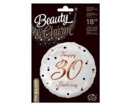 Balon foliowy Happy 30 Birthday, biały, nadruk różowo-złoty, 18' Godan