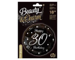 Balon foliowy Happy 30 Birthday, czarny srebrny nadruk, 46 cm Godan