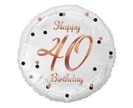 Balon foliowy Happy 40 Birthday, biały, nadruk różowo-złoty, 18' Godan