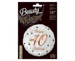 Balon foliowy Happy 40 Birthday, biały, nadruk różowo-złoty, 18' Godan