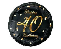 Balon foliowy Happy 40 Birthday, czarny złoty nadruk, 46 cm Godan