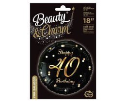 Balon foliowy Happy 40 Birthday, czarny złoty nadruk, 46 cm Godan