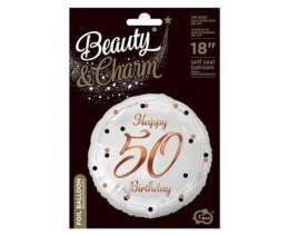 Balon foliowy Happy 50 Birthday, biały, nadruk różowo-złoty, 18' Godan