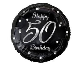 Balon foliowy Happy 50 Birthday, czarny srebrny nadruk, 46 cm Godan