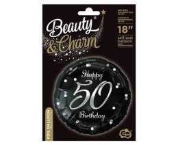 Balon foliowy Happy 50 Birthday, czarny srebrny nadruk, 46 cm Godan