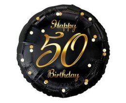 Balon foliowy Happy 50 Birthday, czarny złoty nadruk, 46 cm Godan