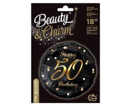 Balon foliowy Happy 50 Birthday, czarny złoty nadruk, 46 cm Godan