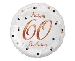 Balon foliowy Happy 60 Birthday, biały, nadruk różowo-złoty, 18' Godan
