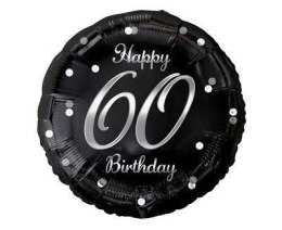 Balon foliowy Happy 60 Birthday, czarny srebrny nadruk, 46 cm Godan