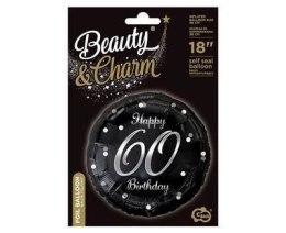 Balon foliowy Happy 60 Birthday, czarny srebrny nadruk, 46 cm Godan