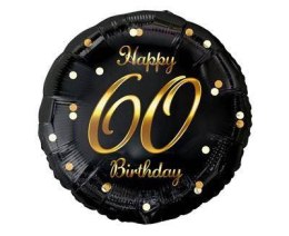 Balon foliowy Happy 60 Birthday, czarny złoty nadruk, 46 cm Godan