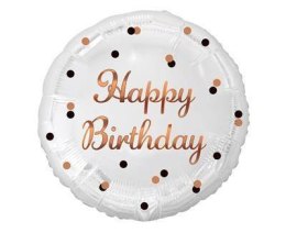 Balon foliowy Happy Birthday, biały, nadruk różowo-złoty, 18' Godan