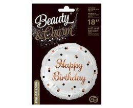 Balon foliowy Happy Birthday, biały, nadruk różowo-złoty, 18' Godan