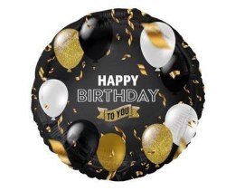 Balon foliowy Happy Birthday czarny, biało złoty nadruk, 45 cm Godan