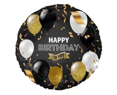 Balon foliowy Happy Birthday czarny, biało złoty nadruk, 45 cm Godan Balon foliowy Happy Birthday czarny, biało złoty nadruk, 45 cm Godan