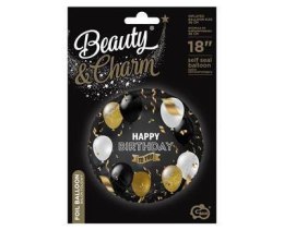 Balon foliowy Happy Birthday czarny, biało złoty nadruk, 45 cm Godan