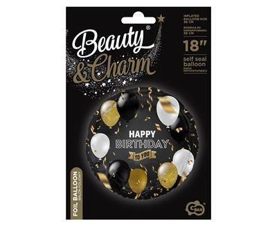 Balon foliowy Happy Birthday czarny, biało złoty nadruk, 45 cm Godan Balon foliowy Happy Birthday czarny, biało złoty nadruk, 45 cm Godan